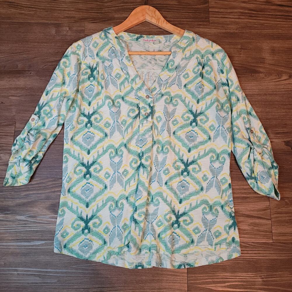 Fresh Produce Womens All Over Print Blouse Top M Blue Green V-Neck Button Cotton